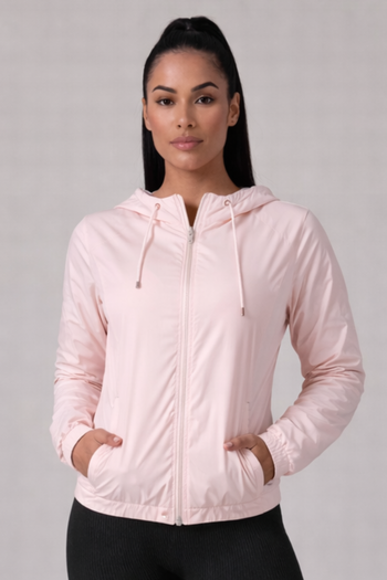 Jaqueta Corta Vento com Capuz e Bolso Feminina Impermeável Rosa Bebê