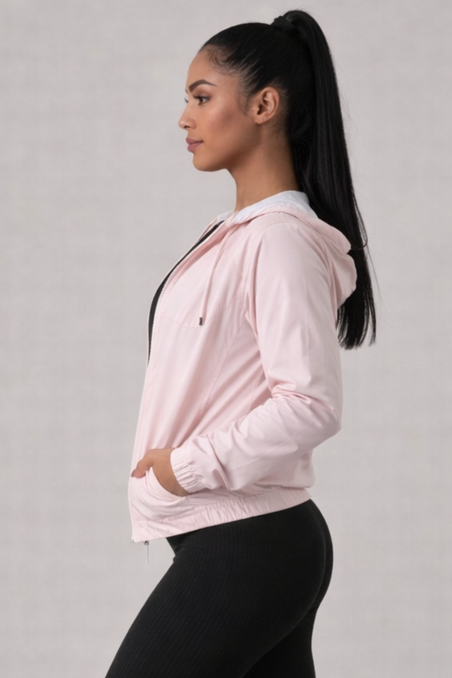 Jaqueta Corta Vento com Capuz e Bolso Feminina Impermeável Rosa Bebê