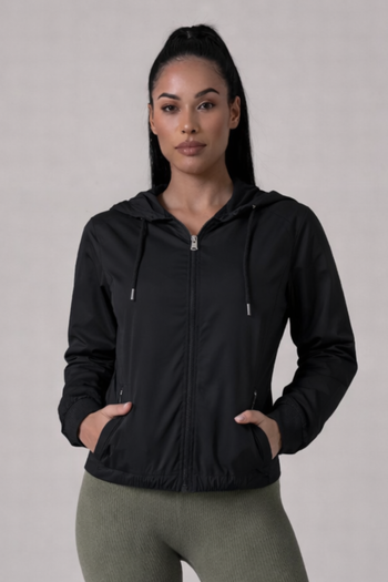 Jaqueta Corta Vento com Capuz e Bolso Feminina Impermeável Preta
